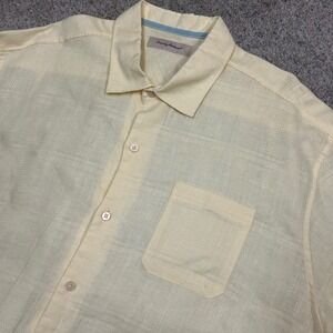 Tommy Bahama Button Up Shirt XXL Yellow 100% Linen Short Sleeve Textured Dobby